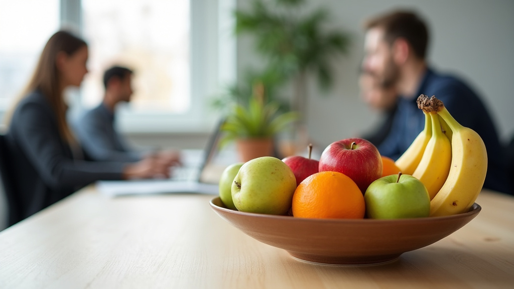 Schaal met vers fruit op een kantoortafel
