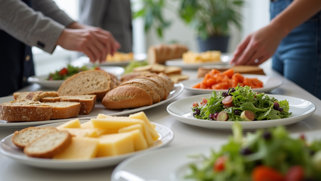 Kantoorlunch met brood, beleg en salades op tafel
