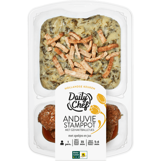 Daily Chef Andijviestamppot met gehaktballetjes spekjes en jus - Dirk