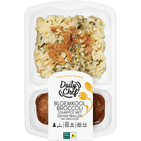 Daily Chef Bloemkool broccoli stamppot met gehaktballen uitjes en jus - Dirk