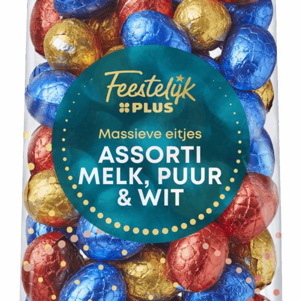 Feestelijk PLUS Paaseitjes Melk Puur Wit massief FT - PLUS