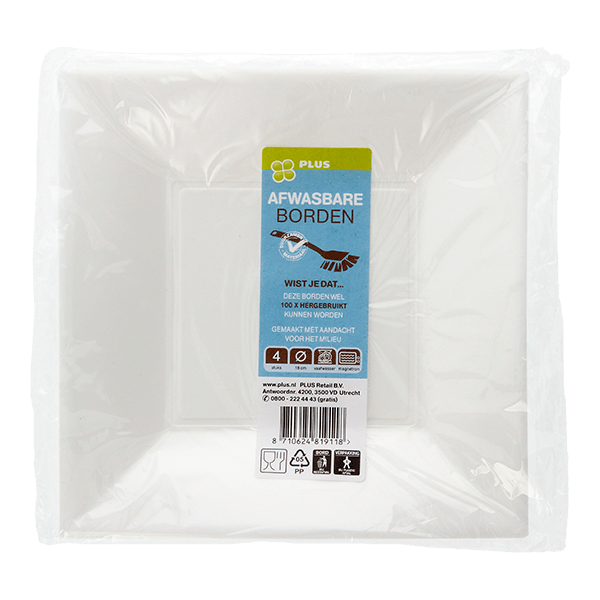 PLUS Bord herbruikbaar vierkant 18cm - PLUS