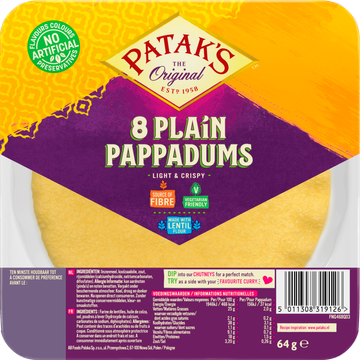 Patak's Pappadums Naturel Kant-en-Klaar 8 Stuks - JUMBO