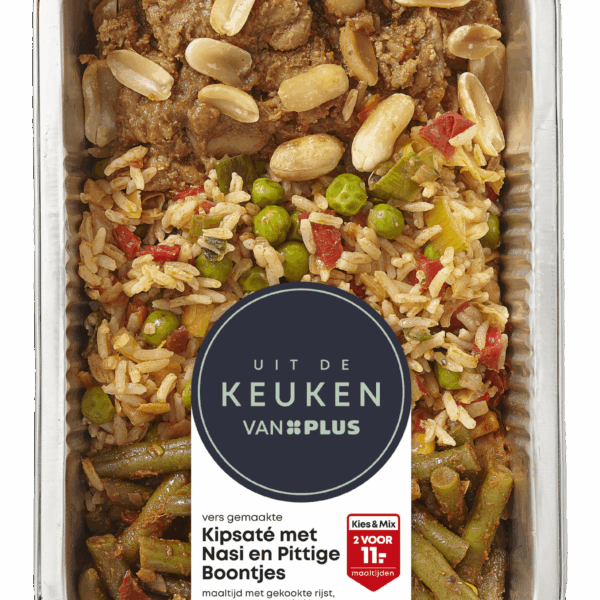 Uit de keuken van PLUS Kipsaté met pittige boontjes nasi - PLUS